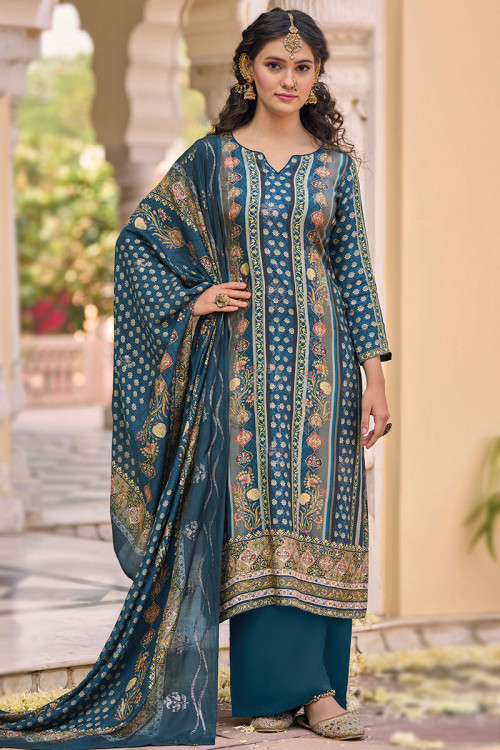 Printed Prussian Blue Cotton Straight Cut Palazzo Suit 