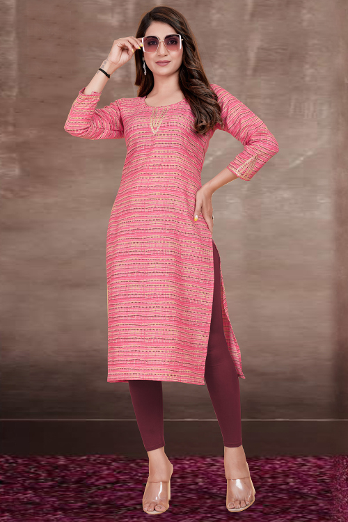 Printed Rayon Blush Pink Ready Made Straight Cut Kurti