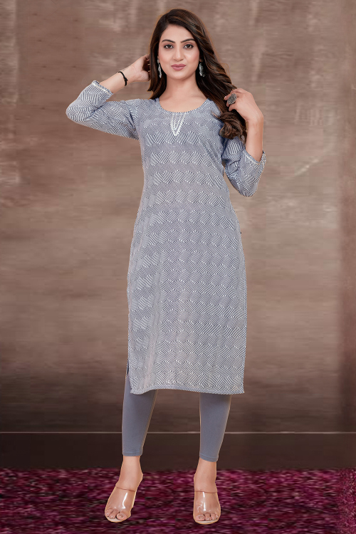 Printed Rayon Light Grey Ready to Wear Straight Cut Kurti