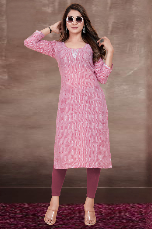 Printed Rayon Light Pink Ready Made Straight Cut Kurti