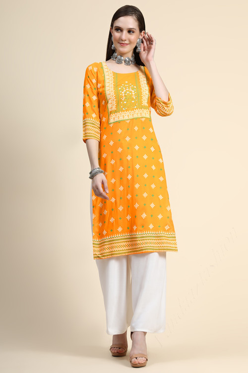 Rayon Kurti in Mustard Yellow colour with Printed for Party 