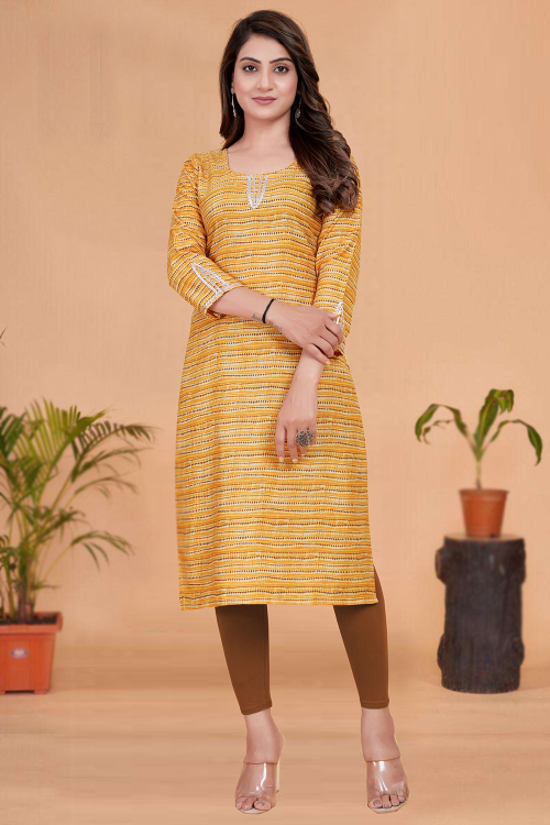 Printed Rayon Mustard Yellow Ready to Wear Straight Cut Kurti