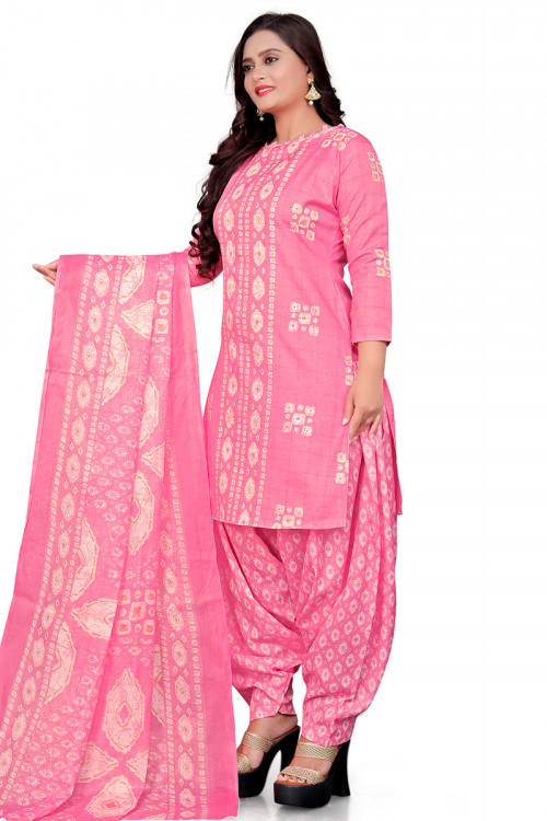 Printed Rose Pink Casual Wear Patiala Suit