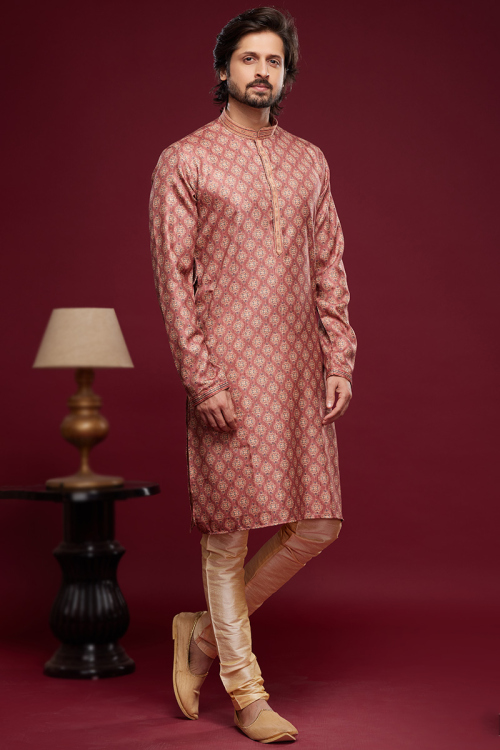 Printed Rust Orange Art Silk Side Slit Men's Kurta Churidar 