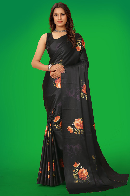 Saree in Black Satin for Party Wear with Printed