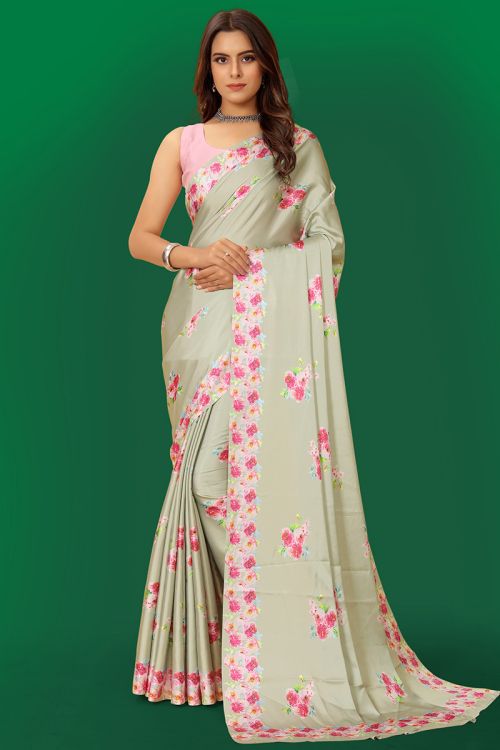 Printed Satin Greenish Grey Saree