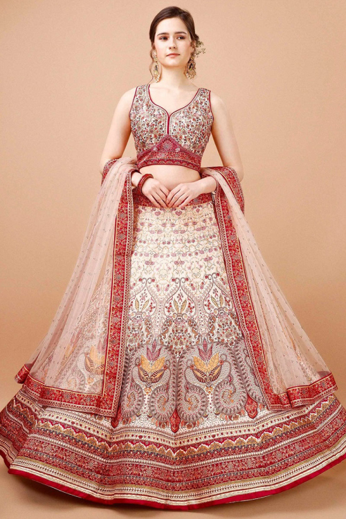 Printed Satin Silk Cream Beige Panelled Style Lehenga