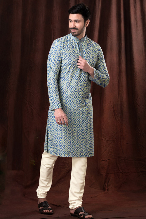 Printed Sea Blue Poly Cotton Straight Cut Men's Kurta Churidar