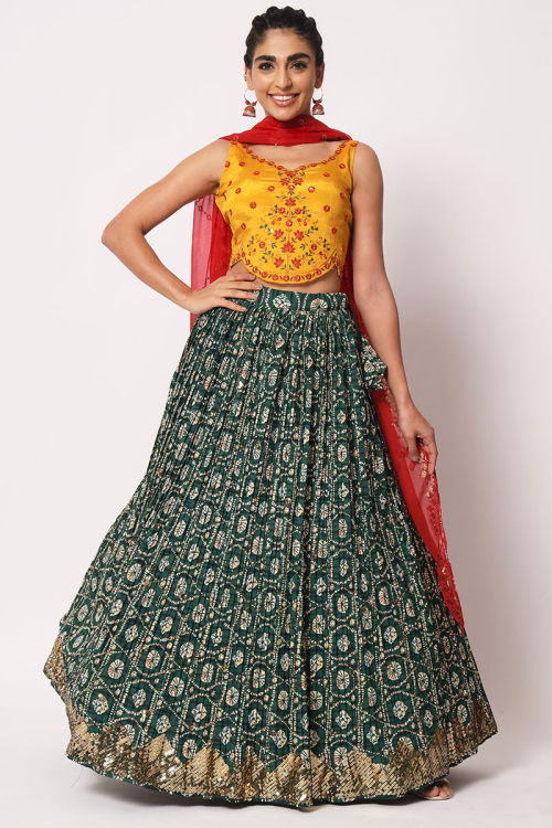 Printed Silk Bottle Green Lehenga