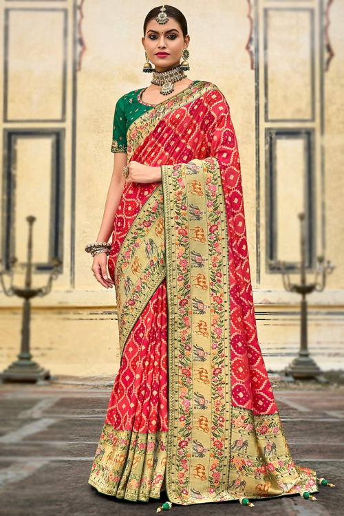 Printed Silk Coral Pink Saree With Woven Zari Border