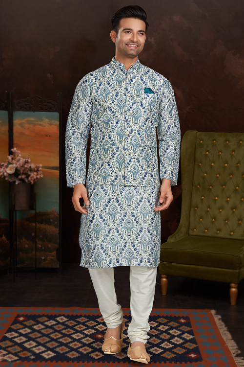 Printed Silk Cream Jacket Style Men's Kurta Churidar 