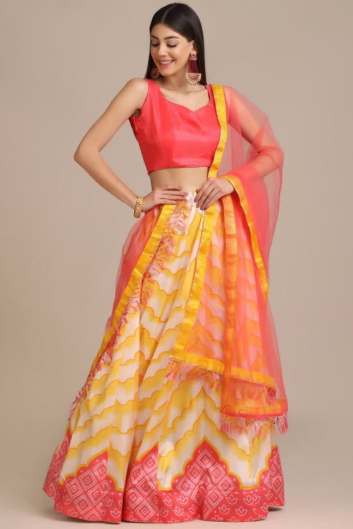Printed Silk Cream Lehenga