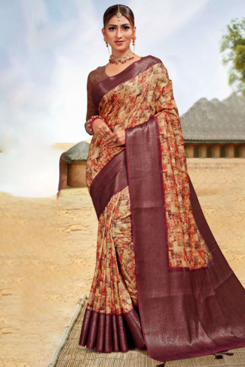 Cream Traditional Party Wear Saree in Silk