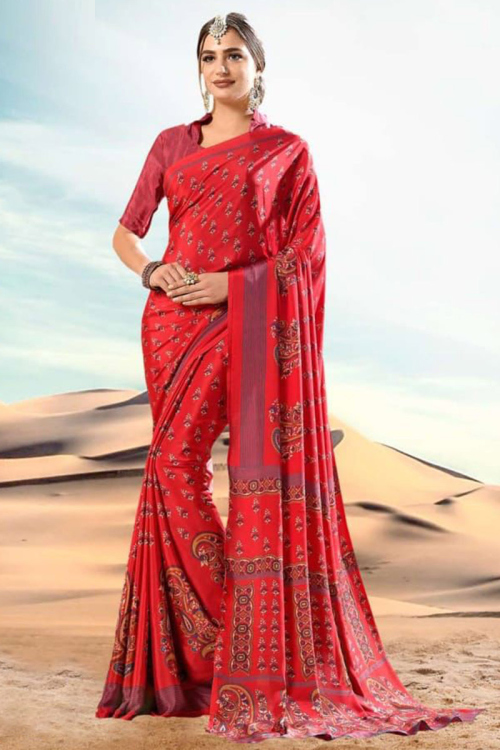 Printed Silk Crepe Red Saree