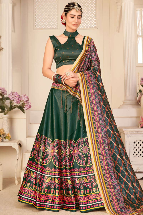 Printed Silk Dark Green Festive Wear Lehenga