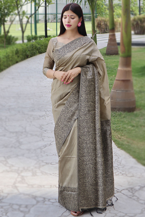 Silk Grey Beige Printed Saree for Party 
