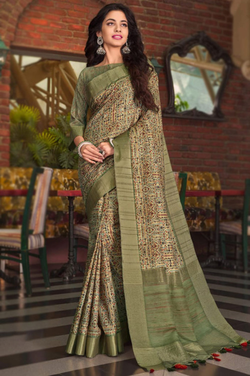 Buy Olive Tussar Silk Saree With Abstract Print And Zari Woven