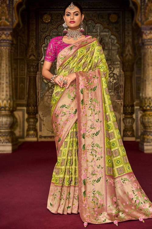 Green Color Banarasi Silk Saree With Digital Print