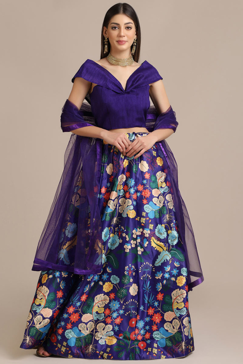 Printed Silk Purple A-Line Lehenga