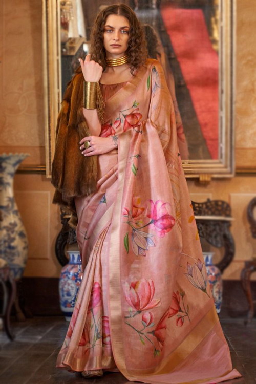 Printed Silk Salmon Peach Saree For Casual Wear