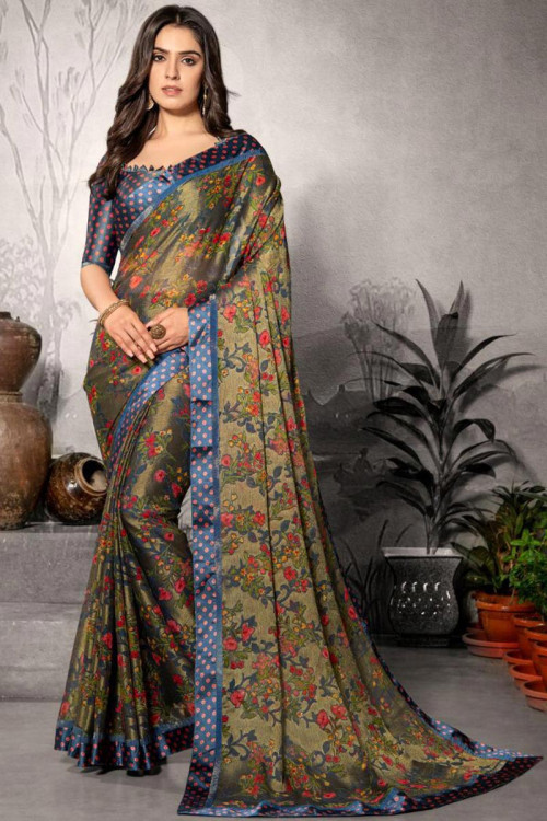 Buy Printed Silk Saree In Olive Green Colour Online - SARV04590 ...