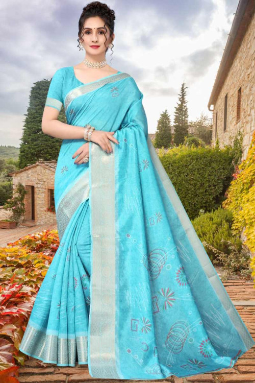 Casual Wear Zari Embroidered Saree in Silk Sky Blue