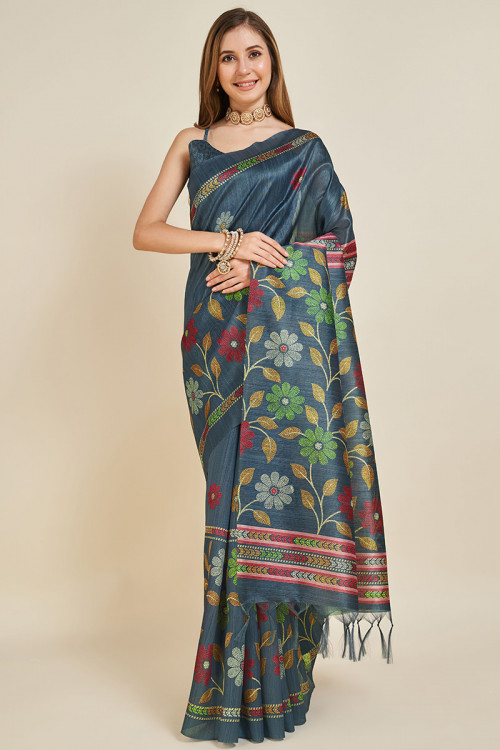 Printed Silk Teal Blue Bhagalpuri Saree