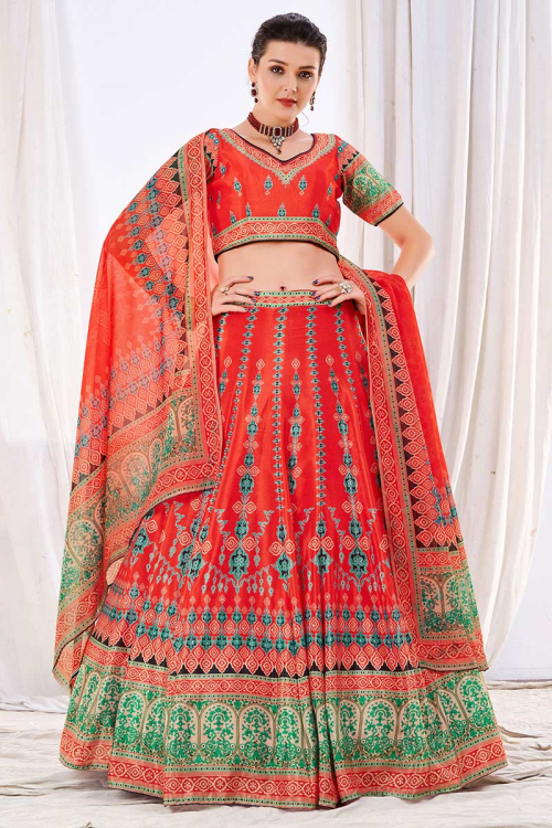 Printed Silk Tomato Red Lehenga