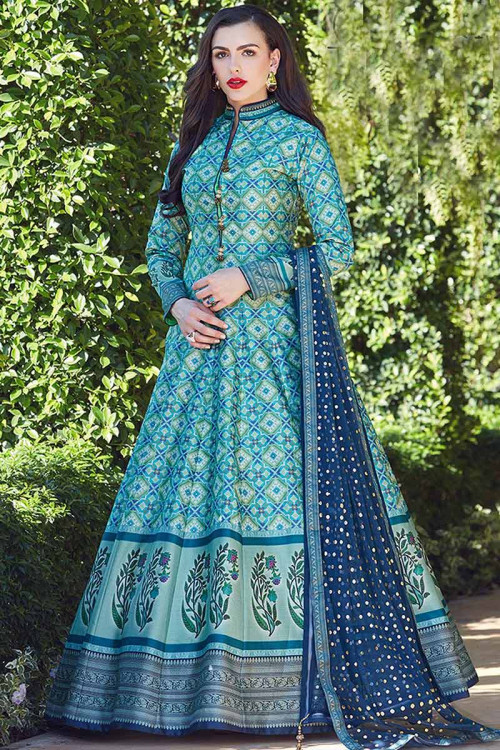 Printed Poly Silk Turquoise Blue Anarkali Suit