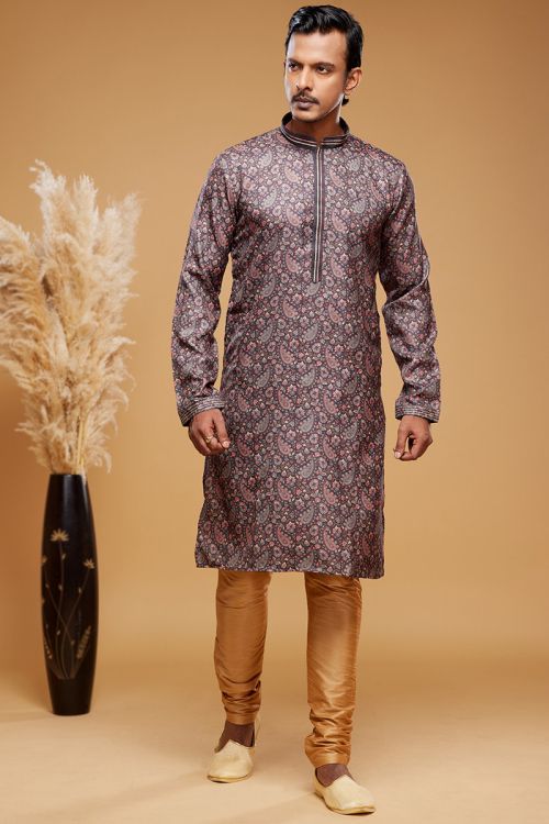 Taupe Mauve Printed Straight Cut Art Silk Men's Kurta Churidar