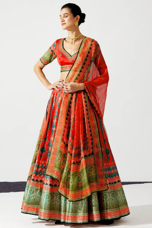 Printed Tomato Red Panelled Chinnon Lehenga 