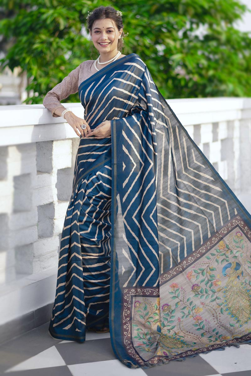 Printed Tussar Silk Blue Saree