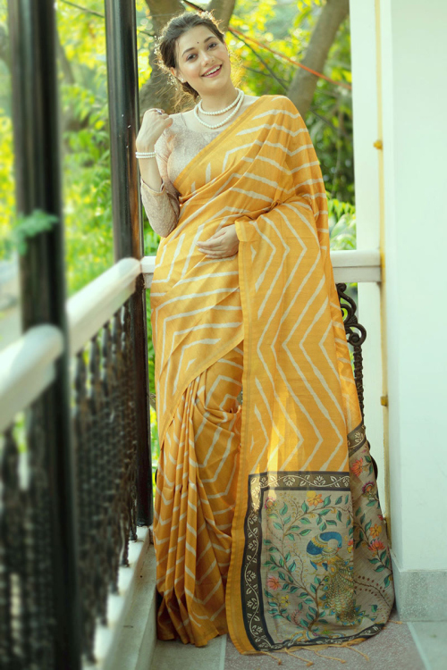 Printed Tussar Silk Yellow Saree