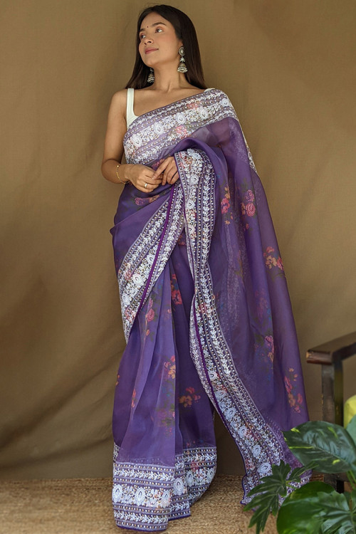 Linen Fabric Purple Printed Floral Saree