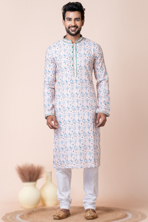 Printed White Men's Straight Cut Cotton Kurta Churidar