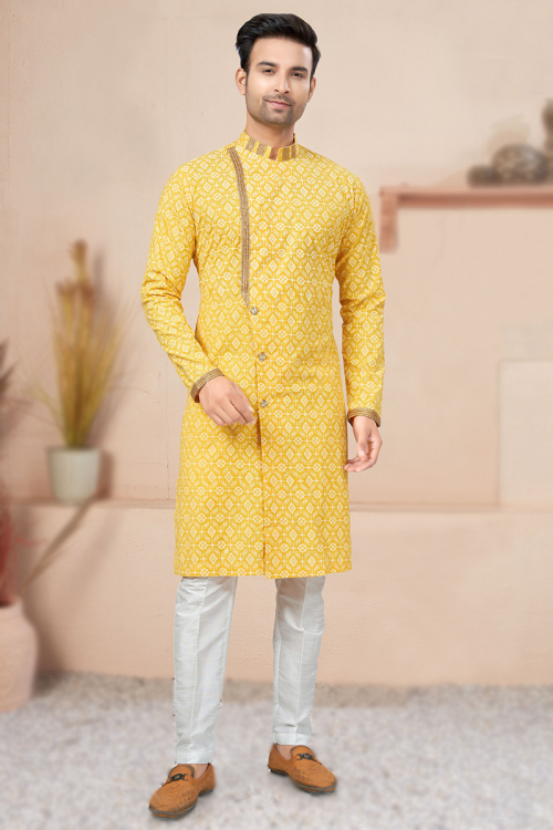 Printed Yellow Cotton Indo-Western Men's Sherwani for Haldi