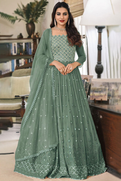 Dusty Green Georgette Embroidered Anarkali Suit for Eid