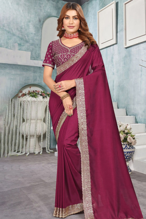 Cotton Silk Wine Maroon Zari Embroidered Light Weight Saree 