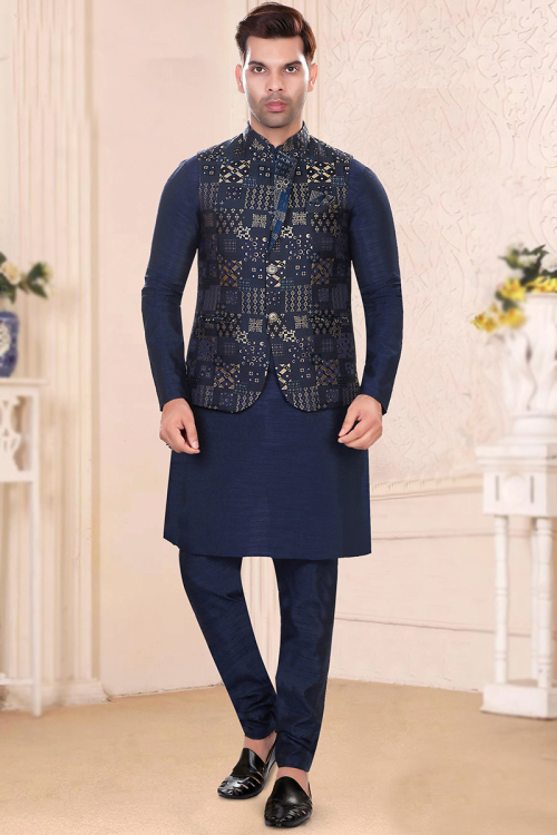 Prussian Blue Art Silk Jacket Style Kurta Pajama for Men