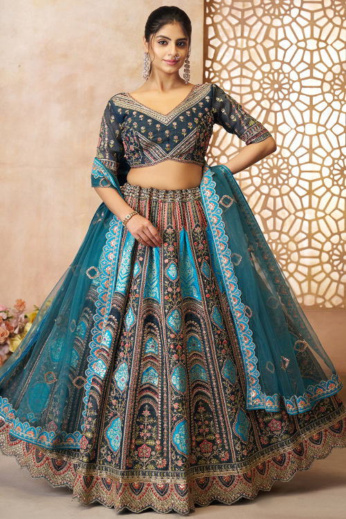 Prussian Blue Art Silk Lehenga With Zari Work For Weddings