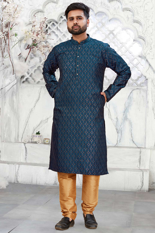 Prussian Blue Art Silk Men's Kurta Pajama With Weaved Work