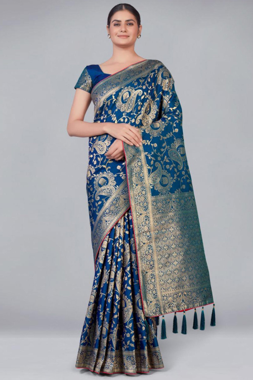 Party Wear Saree in Banarasi Silk Prussian Blue