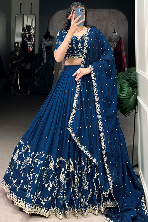 Prussian Blue Chinnon Lehenga with Sequins Work for Diwali