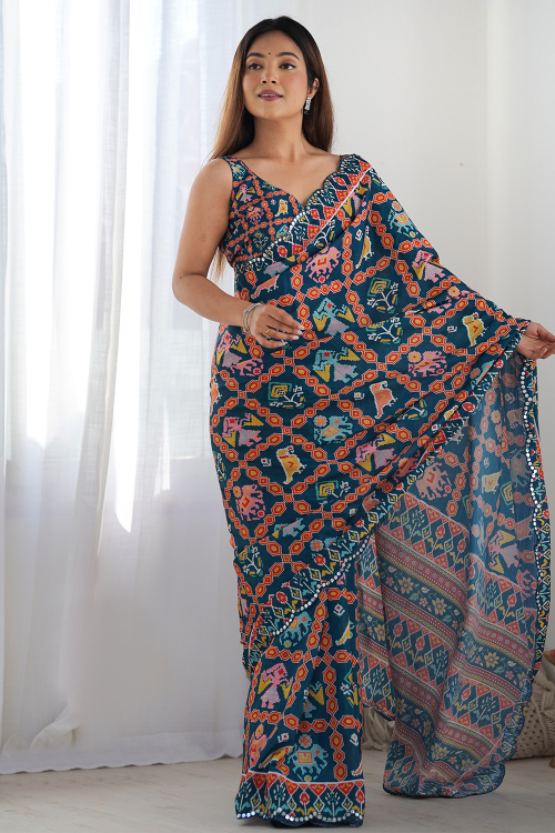 Prussian Blue Chinnon Printed Regional Saree 