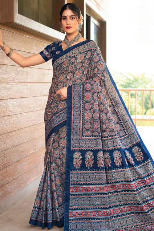 Prussian Blue Cotton Printed Light Weight Casual Saree