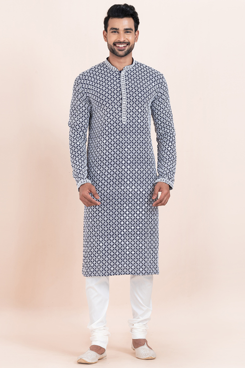 Prussian Blue Cotton Silk Men's Kurta Churidar With Sequins Work