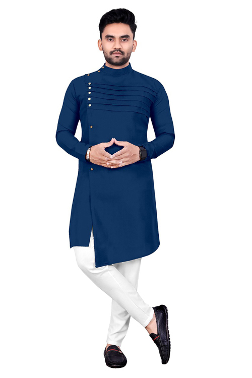 Prussian Blue Cotton Silk Plain Assymetrical Men's Kurta Pajama