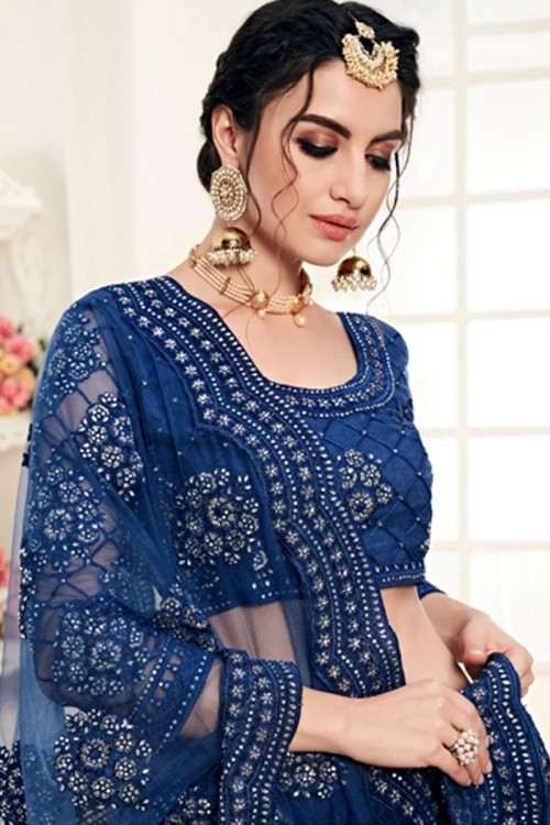 Buy Prussian Blue Designer Net Lehenga With Net Choli Online 