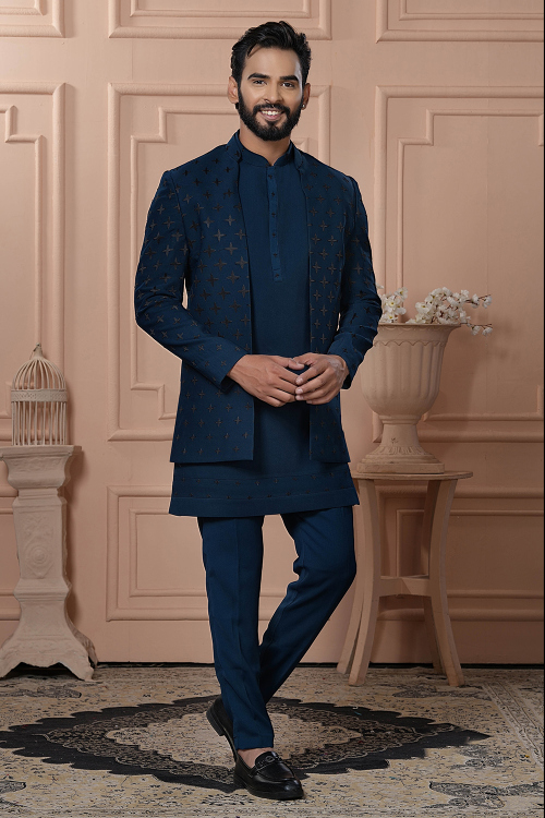 Prussian Blue Embroidered Art Silk Men's Jacket Style Kurta Pajama