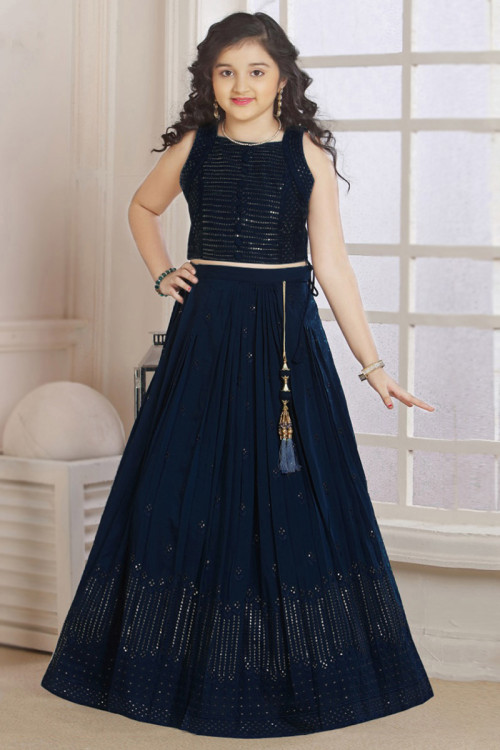 Prussian Blue Embroidered Georgette Girl's Lehenga 